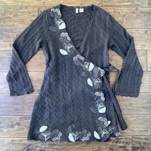 Anthropologie Moth Brown Floral Mohair Knit Embroidered Wrap Cardigan sz Large